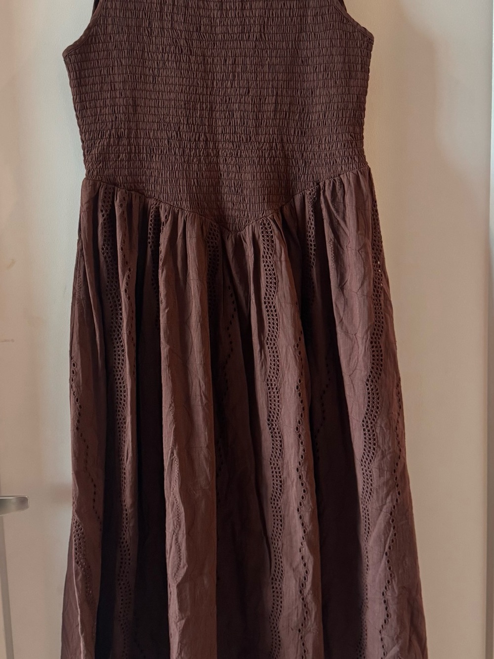 Smocked Bodice Brown Midi Dress with Eyelet Panels